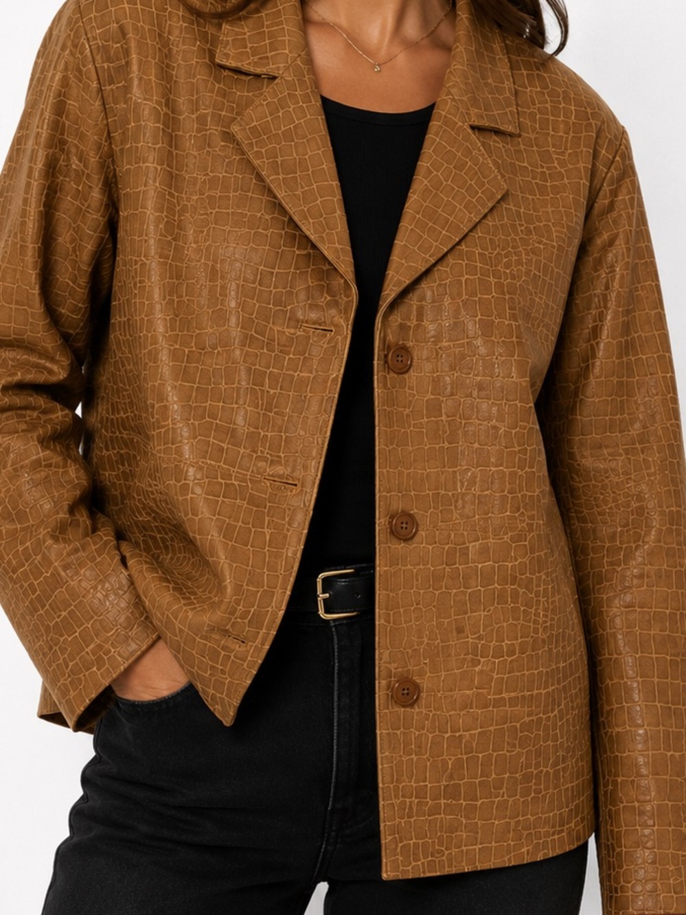 Dialogue Cognac Croc-Embossed Shirt Jacket